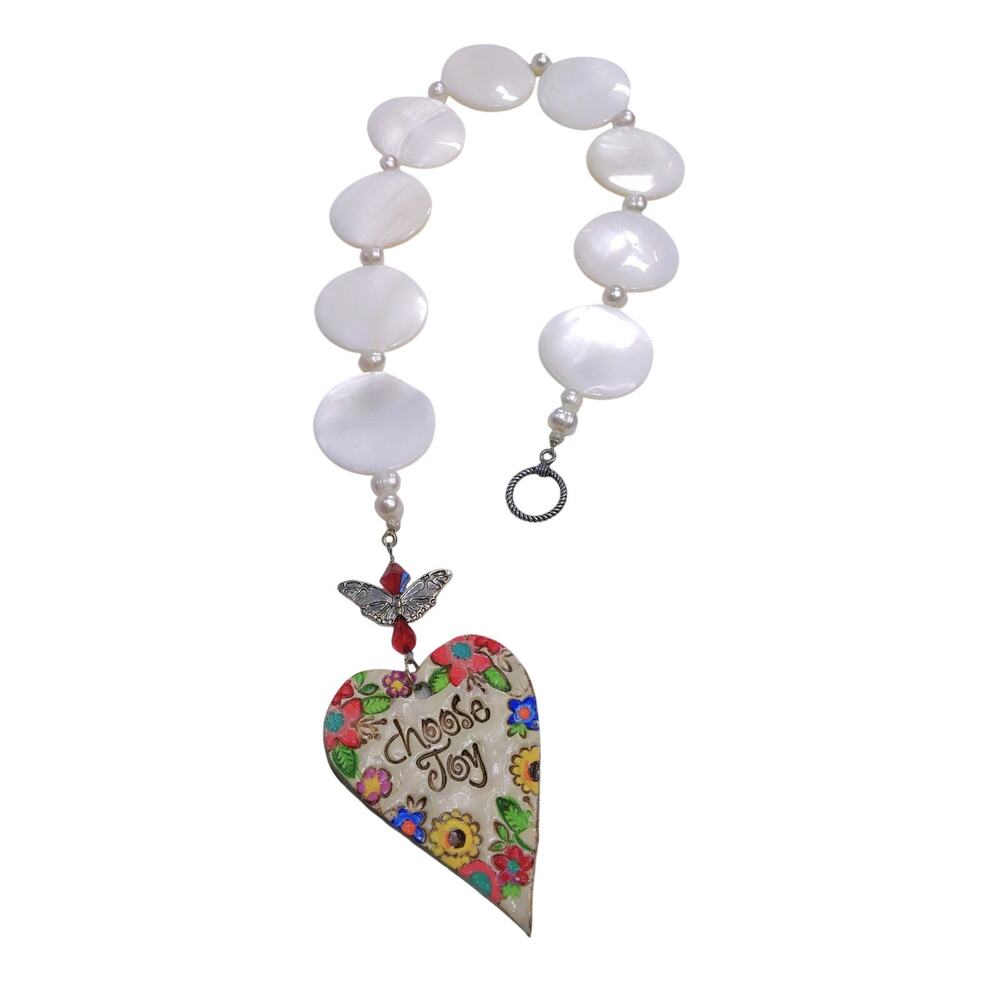 Artisan Upcycled Beaded Suncatcher MOP Hand Painted Ceramic Heart Choose Joy NEW